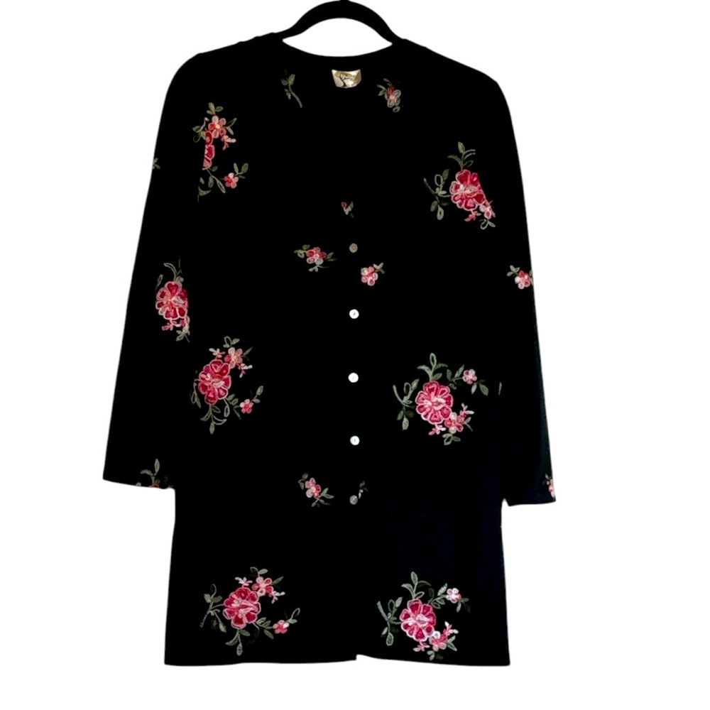 Fig and Flower cardigan/sweater black with pink embroidered flowers, size L